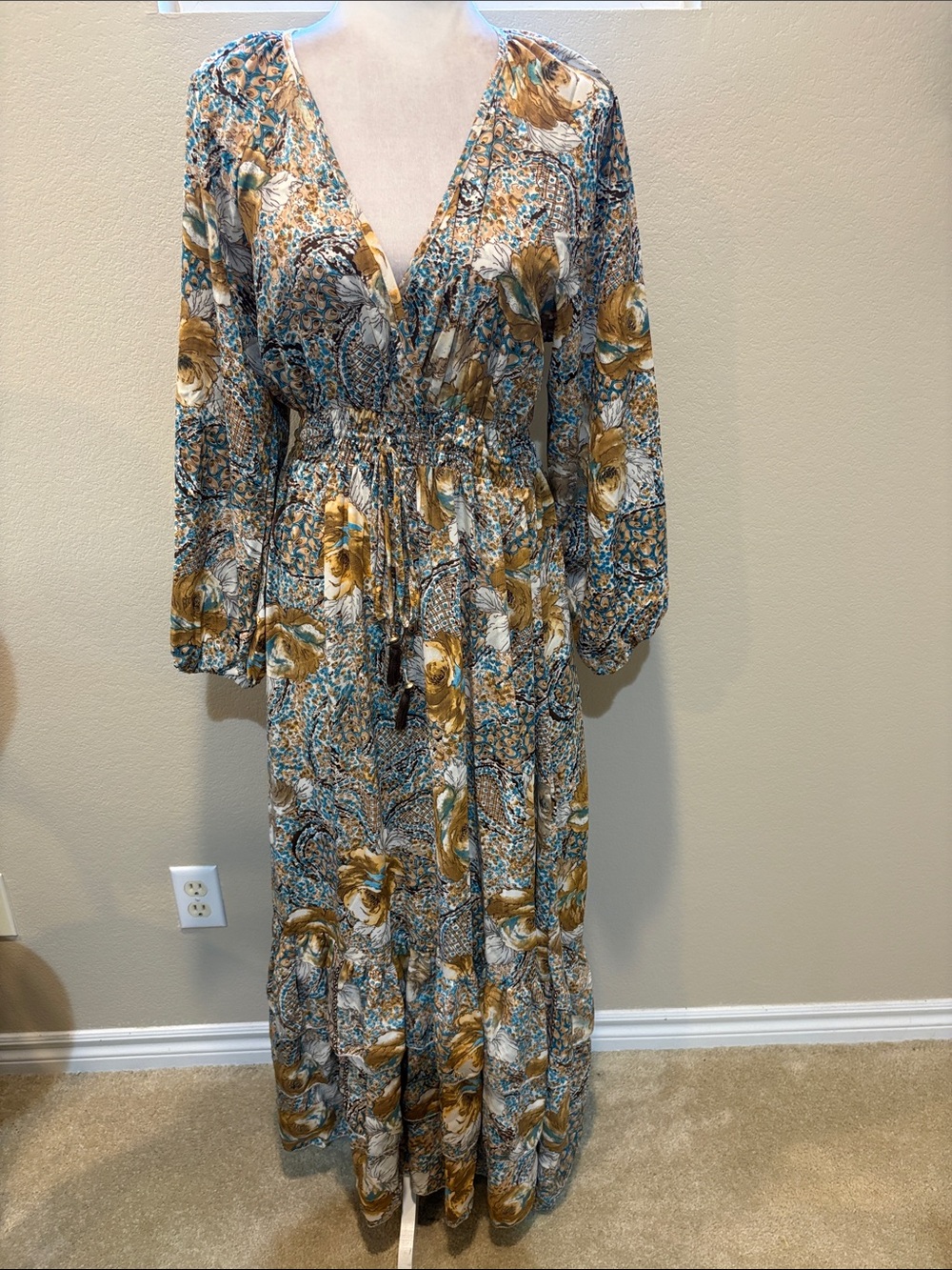 Floral V-Neck Maxi Dress in Mustard & Teal with Elastic Waist Tie-Size L